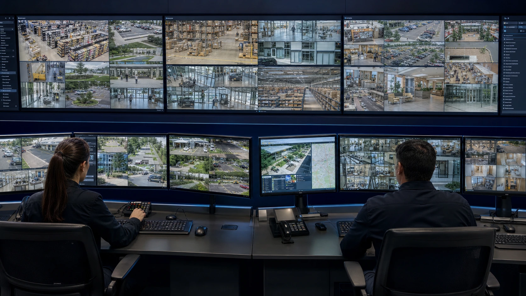 Multi-site security operations center monitoring cameras across retail, warehouse, office and parking locations