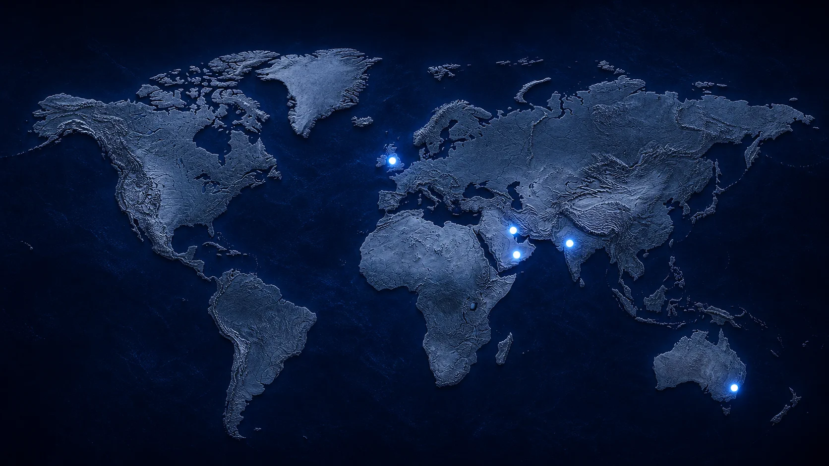 World map with five luminous dots marking Veyviz's global presence.